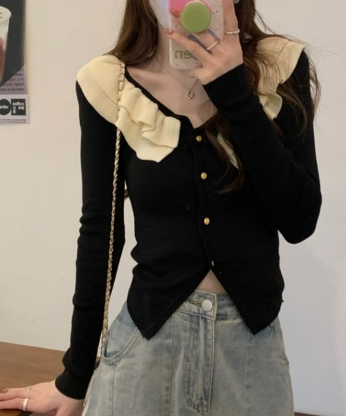 Loueme(ルエム)の「【23S/S 春夏新作】フリルカラー金ボタンカーディガン(カーディガン/ボレロ・レディース・ブラック/ホワイト系その他・FREE)」の12枚目の写真