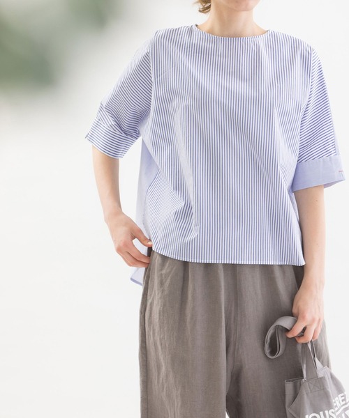 nop de nod（ノップドゥノッド）の「Cloche misc 5分袖ノーカラーブラウス（シャツ/ブラウス・レディース・ライトグレー/オフホワイト/ブルー/ライトブルー・3）」の4枚目の写真