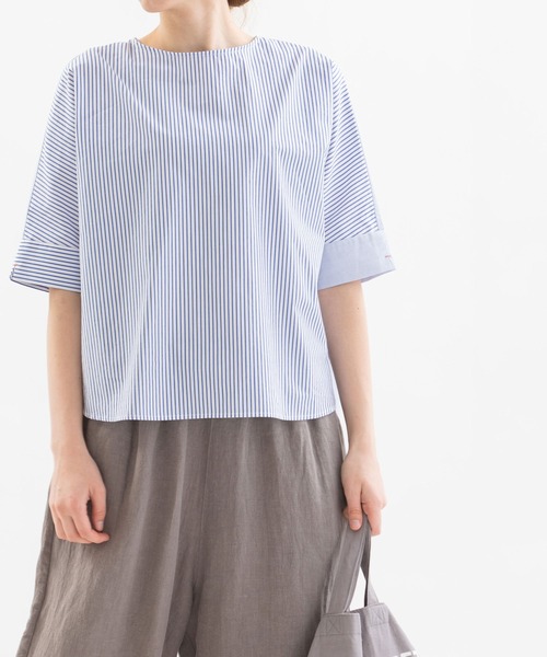 nop de nod（ノップドゥノッド）の「Cloche misc 5分袖ノーカラーブラウス（シャツ/ブラウス・レディース・ライトグレー/オフホワイト/ブルー/ライトブルー・3）」の7枚目の写真