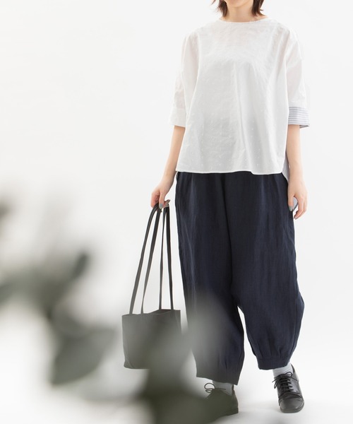 nop de nod（ノップドゥノッド）の「Cloche misc 5分袖ノーカラーブラウス（シャツ/ブラウス・レディース・ライトグレー/オフホワイト/ブルー/ライトブルー・3）」の21枚目の写真