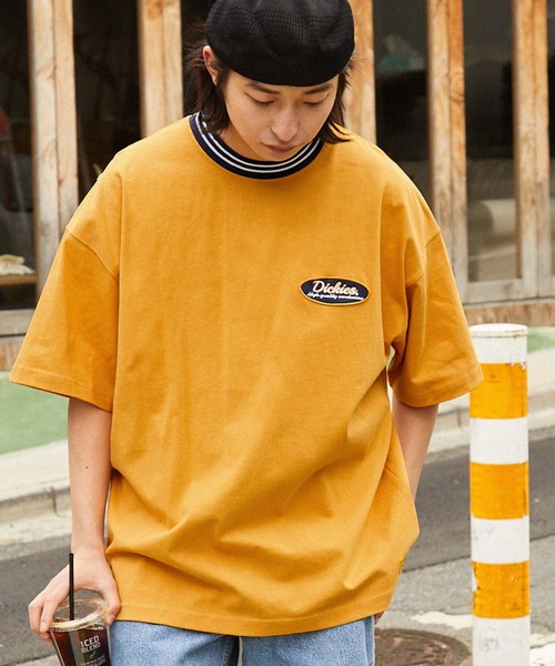 Dickies(ディッキーズ)の「Dickies/ディッキーズ サークルロゴ刺繍 リブライン オーバーサイズクルーネック半袖Tシャツ(Tシャツ/カットソー・メンズ・マスタード/グリーン/ホワイト/ブラック・M/L/XL)」の4枚目の写真