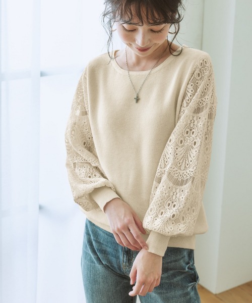nissen(ニッセン)の「【ふんわりモチモチ素材】レース袖ニット(ニット/セーター・レディース・ブラック/モカ/オフホワイト/ブルー/ネイビー/ピンク/杢グレー・LL/L/S/M)」の2枚目の写真