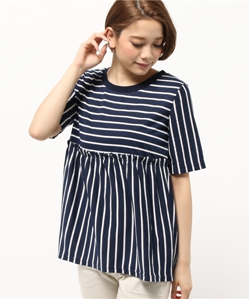 OUTLET（アウトレット）の「【Ciaopanic】ボーダー切替Tシャツ（Tシャツ/カットソー・レディース・ブルー/ネイビー/オレンジ・FREE）」の2枚目の写真