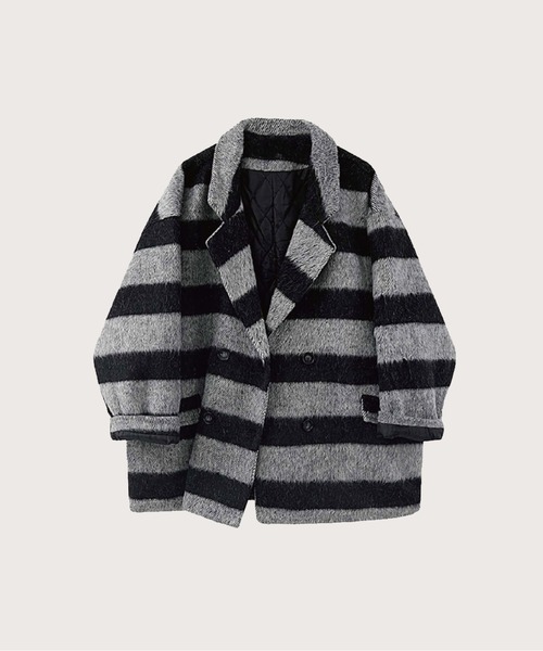 LA POMME jours(ラポミ・ジュール)の「ストライプ起毛コート/Texture Mix Coat【LA POMME jours/ラポミ・ジュール】(チェスターコート・レディース・グリーン/グレー・MEDIUM/LARGE)」の2枚目の写真