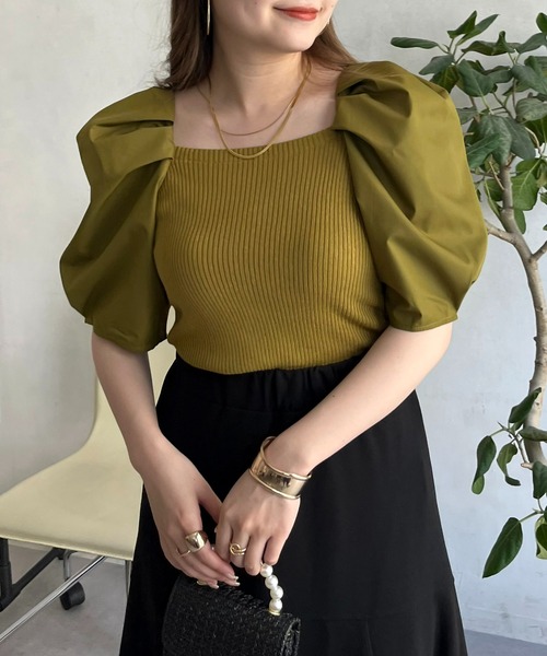 prose verse（プロズヴェール）の「ボリューム袖ニット切替トップス（ニット/セーター・レディース・ブラック/オフホワイト/グリーン・ﾌﾘ-）」の3枚目の写真