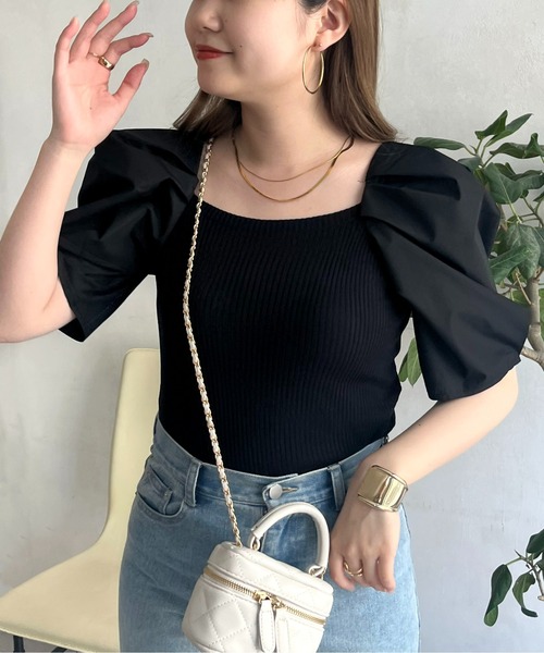 prose verse（プロズヴェール）の「ボリューム袖ニット切替トップス（ニット/セーター・レディース・ブラック/オフホワイト/グリーン・ﾌﾘ-）」の2枚目の写真