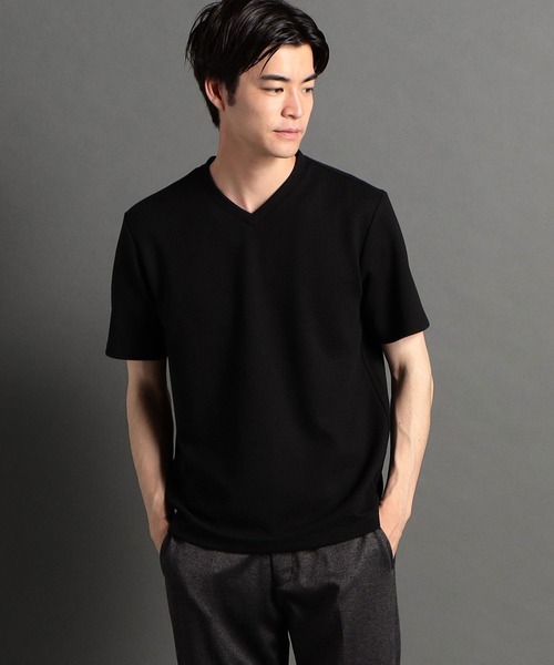 HIDEAWAYS NICOLE（ハイダウェイニコル）の「ボックスミニワッフル半袖Ｖネックカットソー（Tシャツ/カットソー・メンズ・ブラック/ホワイト×ブラック/ブラック×ホワイト・LARGE/X-LARGE/MEDIUM）」の2枚目の写真