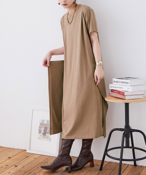 Fashion Letter(ファッションレター)の「【M-5L】ショルダータック Tシャツワンピース(ワンピース・レディース・モカ/グレイッシュベージュ/カーキ/ブラック・M~L/LL~3L/4L~5L)」の3枚目の写真