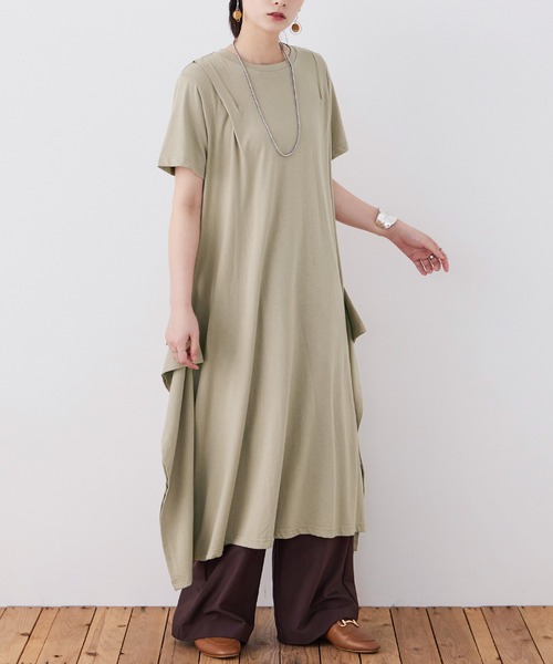 Fashion Letter(ファッションレター)の「【M-5L】ショルダータック Tシャツワンピース(ワンピース・レディース・モカ/グレイッシュベージュ/カーキ/ブラック・M~L/LL~3L/4L~5L)」の9枚目の写真