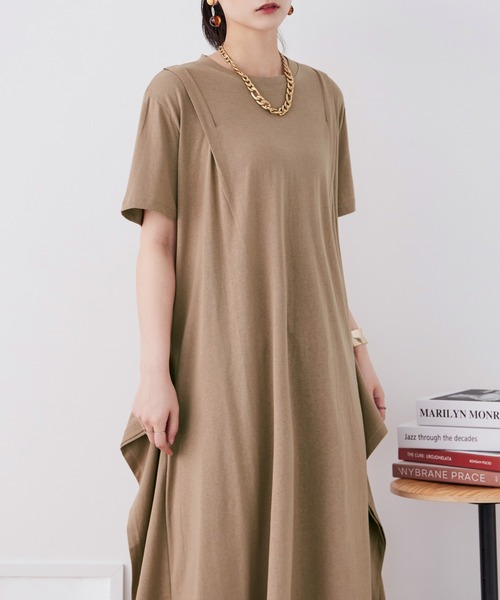 Fashion Letter(ファッションレター)の「【M-5L】ショルダータック Tシャツワンピース(ワンピース・レディース・モカ/グレイッシュベージュ/カーキ/ブラック・M~L/LL~3L/4L~5L)」の5枚目の写真