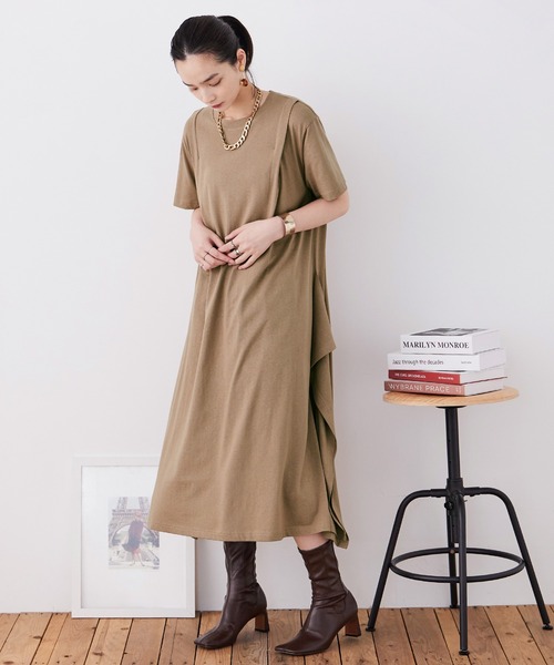 Fashion Letter(ファッションレター)の「【M-5L】ショルダータック Tシャツワンピース(ワンピース・レディース・モカ/グレイッシュベージュ/カーキ/ブラック・M~L/LL~3L/4L~5L)」の10枚目の写真