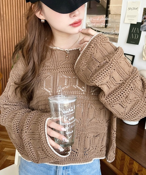 moment+（モーメントプラス）の「スクエア柄透かし編み配色ピコ