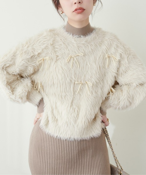 natural couture(ナチュラルクチュール)の「フェザーベロアリボンニットプルオーバー(ニット/セーター・レディース・ライトベージュ/ラベンダー/チャコールグレー/ライトグレー・FREE)」の7枚目の写真