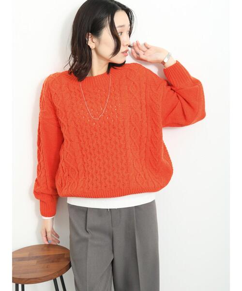 Samansa Mos2 blue（サマンサモスモスブルー）の「マットモールケーブルニットプルオーバー（ニット/セーター・レディース・キナリ/オレンジ/グリーン・F）」の4枚目の写真