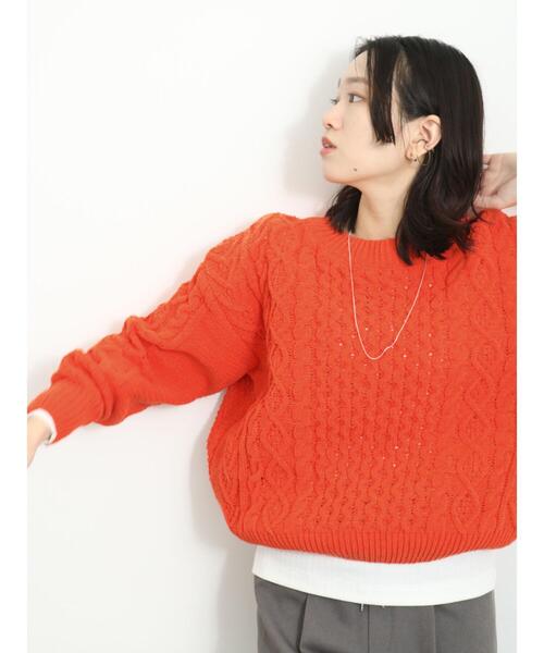 Samansa Mos2 blue（サマンサモスモスブルー）の「マットモールケーブルニットプルオーバー（ニット/セーター・レディース・キナリ/オレンジ/グリーン・F）」の6枚目の写真