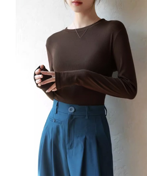 Miniministore(ミニミニストア)の「長袖Tシャツ 無地 レディース トップス(Tシャツ/カットソー・レディース・ブラック/ミント/ブルー/グレー/チャコールグレー/ブラウン/ホワイト/ダークベージュ・FREE)」の18枚目の写真