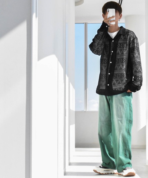 セール】モノトーンレース オープンカラーシャツL/S（シャツ