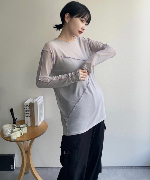 ap retro（アプレトロ）の「配色切替チュールトップス（Tシャツ/カットソー・レディース・グレイッシュベージュ/アイボリー/ブラック・FREE）」の3枚目の写真