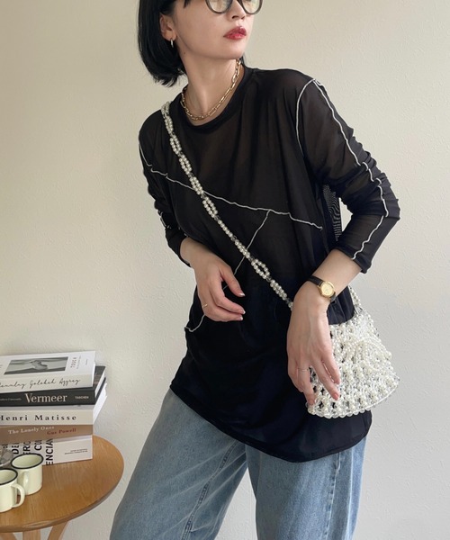 ap retro（アプレトロ）の「配色切替チュールトップス（Tシャツ/カットソー・レディース・グレイッシュベージュ/アイボリー/ブラック・FREE）」の2枚目の写真