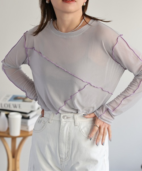 ap retro（アプレトロ）の「配色切替チュールトップス（Tシャツ/カットソー・レディース・グレイッシュベージュ/アイボリー/ブラック・FREE）」の9枚目の写真