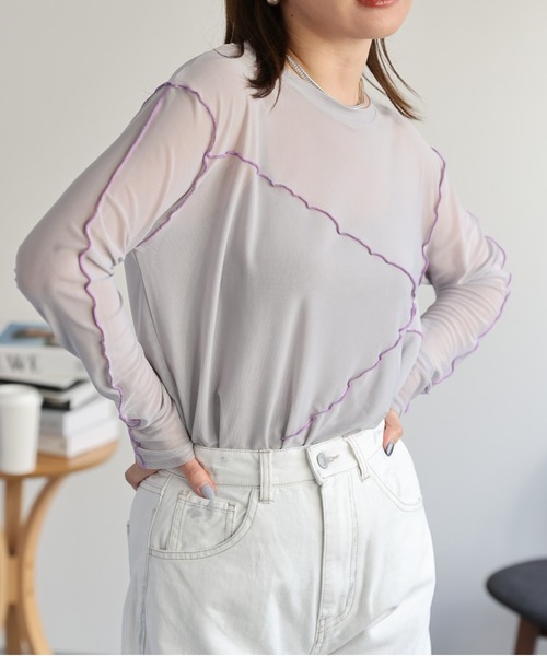 ap retro（アプレトロ）の「配色切替チュールトップス（Tシャツ/カットソー・レディース・グレイッシュベージュ/アイボリー/ブラック・FREE）」の18枚目の写真