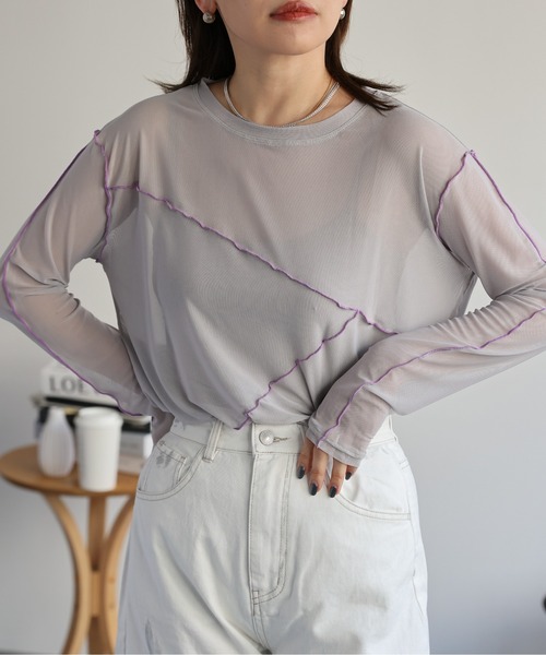 ap retro（アプレトロ）の「配色切替チュールトップス（Tシャツ/カットソー・レディース・グレイッシュベージュ/アイボリー/ブラック・FREE）」の21枚目の写真