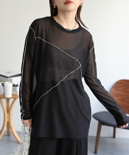 ap retro（アプレトロ）の「配色切替チュールトップス（Tシャツ/カットソー・レディース・グレイッシュベージュ/アイボリー/ブラック・FREE）」の16枚目の写真