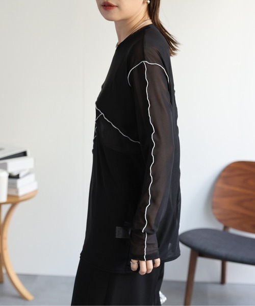 ap retro（アプレトロ）の「配色切替チュールトップス（Tシャツ/カットソー・レディース・グレイッシュベージュ/アイボリー/ブラック・FREE）」の11枚目の写真