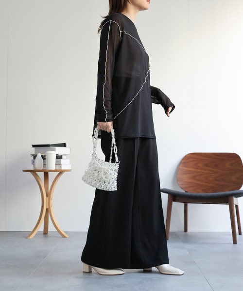 ap retro（アプレトロ）の「配色切替チュールトップス（Tシャツ/カットソー・レディース・グレイッシュベージュ/アイボリー/ブラック・FREE）」の6枚目の写真