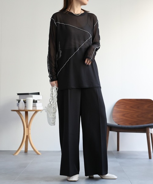 ap retro（アプレトロ）の「配色切替チュールトップス（Tシャツ/カットソー・レディース・グレイッシュベージュ/アイボリー/ブラック・FREE）」の8枚目の写真