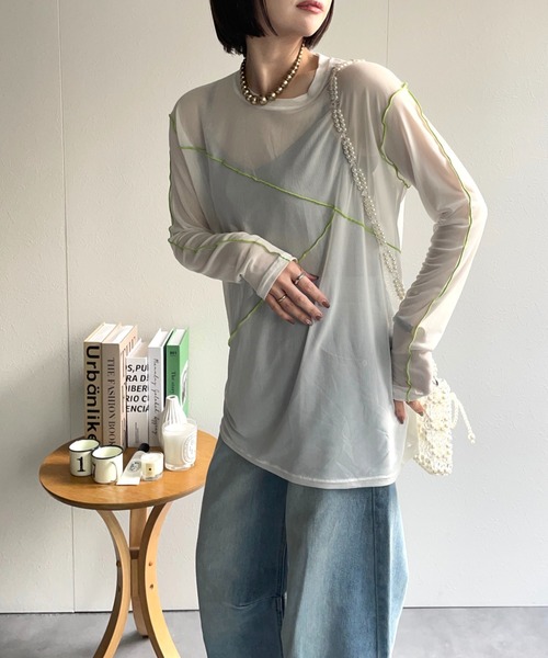 ap retro（アプレトロ）の「配色切替チュールトップス（Tシャツ/カットソー・レディース・グレイッシュベージュ/アイボリー/ブラック・FREE）」の12枚目の写真