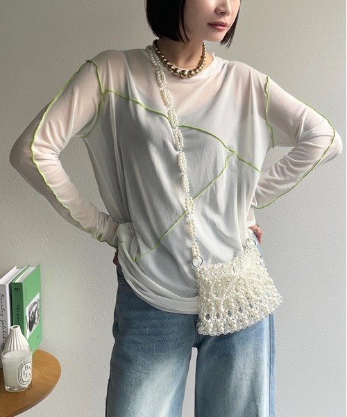 ap retro（アプレトロ）の「配色切替チュールトップス（Tシャツ/カットソー・レディース・グレイッシュベージュ/アイボリー/ブラック・FREE）」の13枚目の写真