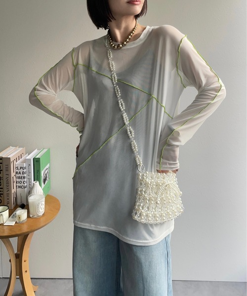 ap retro（アプレトロ）の「配色切替チュールトップス（Tシャツ/カットソー・レディース・グレイッシュベージュ/アイボリー/ブラック・FREE）」の14枚目の写真