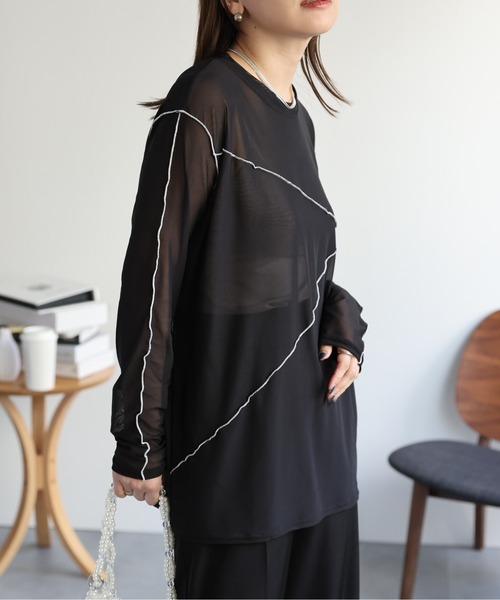 ap retro（アプレトロ）の「配色切替チュールトップス（Tシャツ/カットソー・レディース・グレイッシュベージュ/アイボリー/ブラック・FREE）」の10枚目の写真