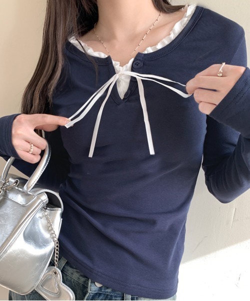 セール】フェイクレイヤードリボン使いトップス（Tシャツ/カットソー  