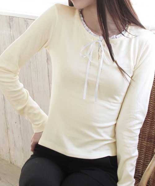 PRIVATE BEACH(プライベートビーチ)の「フェイクレイヤードリボン使いトップス(Tシャツ/カットソー・レディース・ネイビー/オフホワイト/ホワイト/ブラック・S/M/L)」の20枚目の写真