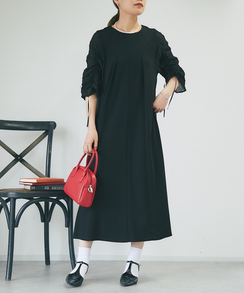 un dix cors（アンディコール）の「《オケージョン》袖ギャザーシルケットワンピース（ドレス・レディース・ブラック・FREE）」の7枚目の写真