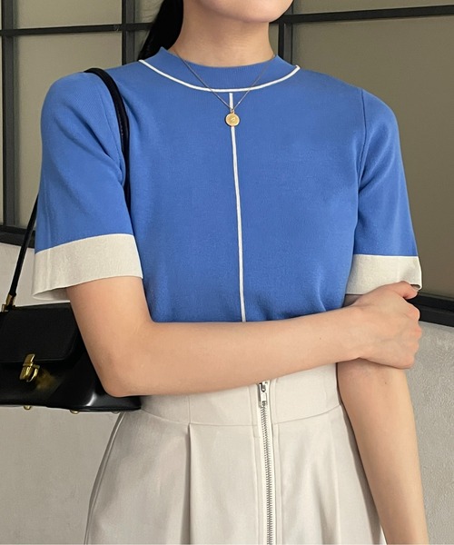 Thevon(ゼボン)の「袖先配色5分袖ニットプルオーバー(ニット/セーター・レディース・ライトグレー/イエロー/ブラック/グレイッシュベージュ/ブルー・FREE)」の5枚目の写真
