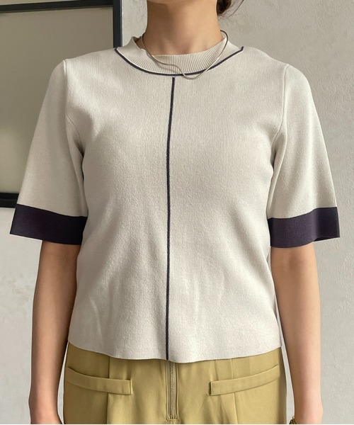 Thevon(ゼボン)の「袖先配色5分袖ニットプルオーバー(ニット/セーター・レディース・ライトグレー/イエロー/ブラック/グレイッシュベージュ/ブルー・FREE)」の22枚目の写真