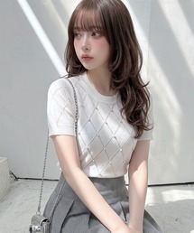ダイヤ柄ビジューさらさらニットトップス