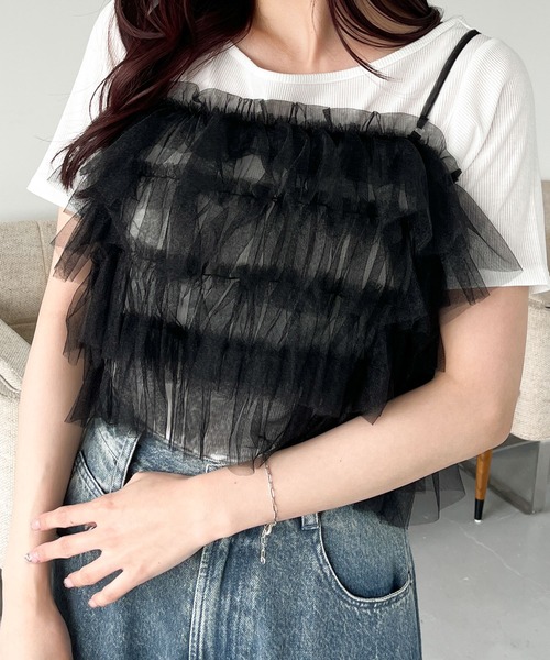 Heather(ヘザー)の「チュールティアードキャミ2P 125523(Tシャツ/カットソー・レディース・グレー/ホワイト×ホワイト/ホワイト×ブラック・FREE)」の2枚目の写真