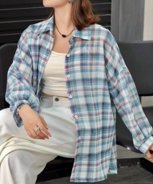 チェック柄ゆったりシアーシャツ