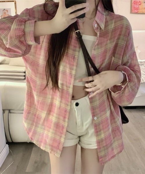 チェック柄ゆったりシアーシャツ