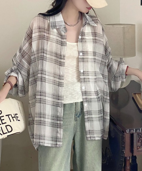 チェック柄ゆったりシアーシャツ