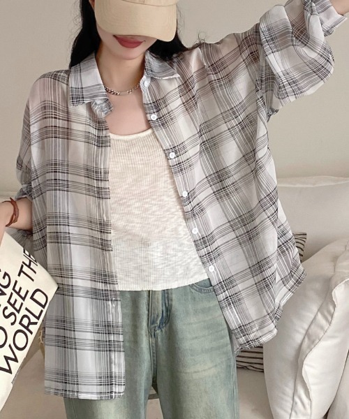 チェック柄ゆったりシアーシャツ