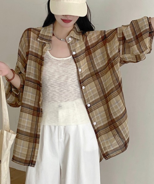 LADY LIKE(レディライク)の「チェック柄ゆったりシアーシャツ(シャツ/ブラウス・レディース・ベージュ/レッド/ホワイト/ブラック/ブルー/ピンク/サックスブルー・M)」の21枚目の写真