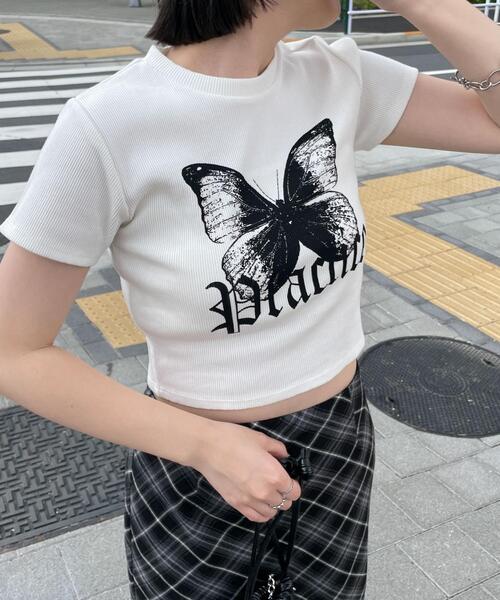 dispark(ディスパーク)の「DISPARK/バタフライプリントリブT(Tシャツ/カットソー・レディース・ブラック/ホワイト・FREE)」の10枚目の写真