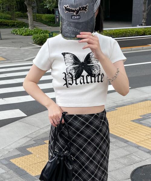 dispark(ディスパーク)の「DISPARK/バタフライプリントリブT(Tシャツ/カットソー・レディース・ブラック/ホワイト・FREE)」の9枚目の写真