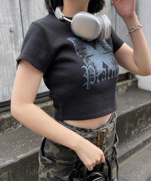 dispark(ディスパーク)の「DISPARK/バタフライプリントリブT(Tシャツ/カットソー・レディース・ブラック/ホワイト・FREE)」の7枚目の写真