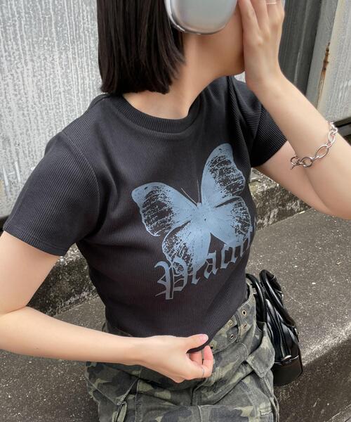dispark(ディスパーク)の「DISPARK/バタフライプリントリブT(Tシャツ/カットソー・レディース・ブラック/ホワイト・FREE)」の6枚目の写真